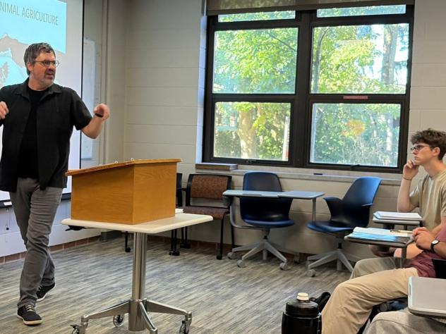 Matt Halteman, professor of philosophy, teaching in a Calvin classroom.
