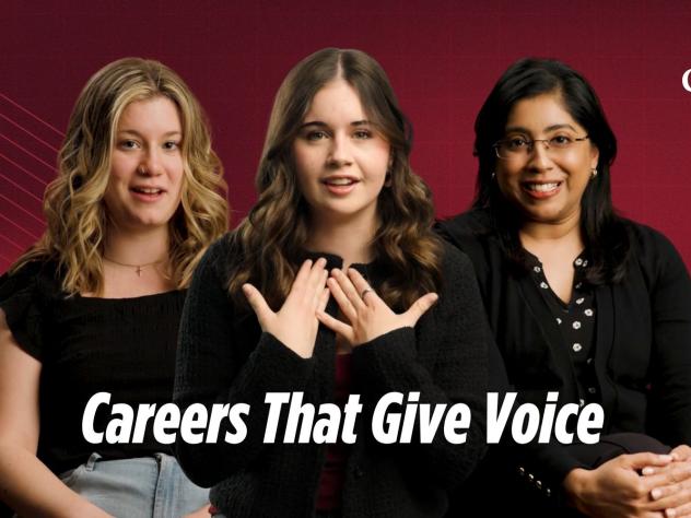 Two SPAUD graduate students and a SPAUD faculty member at Calvin with "Careers That Give Voice" text over the top