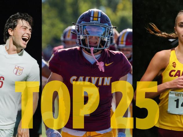 Three Calvin student-athletes with a TOP 25 over the top of the image