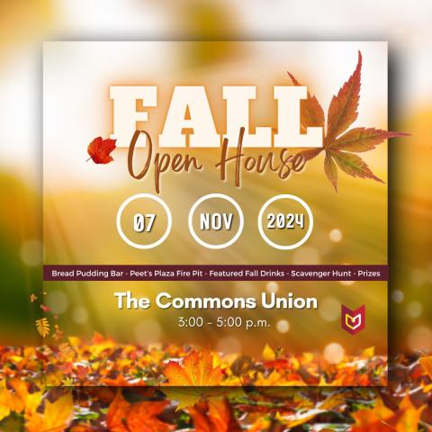 Fall Open House poster with colorful leaves falling and piling on the ground.