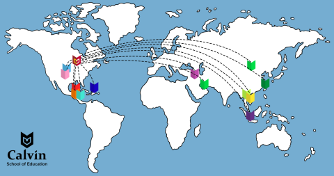 World map marking the locations of schools around the globe.