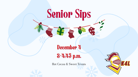 Red text on blue background, describing Calvin University's Senior Sips event on Wednesday, December 4