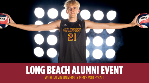 Boy with arms extended holding two volleyballs, advertising the Long Beach, California alumni event