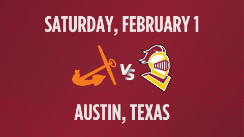 Silver text on maroon background, reading Austin, Texas for the Calvin vs. Hope Rivalry game on Saturday, February 1