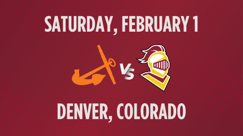 Silver text on maroon background, reading Denver, Colorado for the Calvin vs. Hope Rivalry game on Saturday, February 1