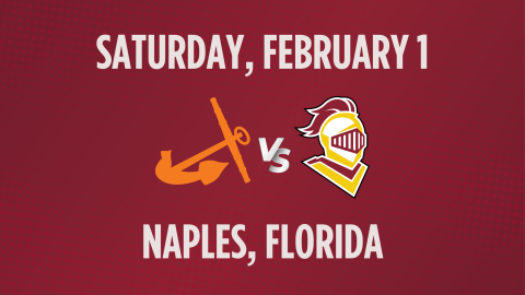 Silver text on maroon background, reading Naples, Florida for the Calvin vs. Hope Rivalry game on Saturday, February 1