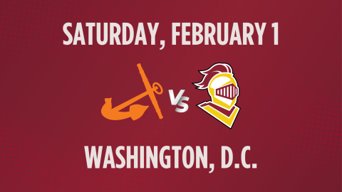 Silver text on maroon background, reading Washington, D.C. for the Calvin vs. Hope Rivalry game on Saturday, February 1