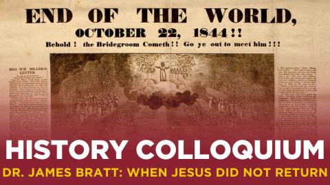 Image of an antiquated, yellowed newspaper with the headline, "END OF THE WORLD, OCTOBER 22, 1844!!" with an image of Jesus with arms outstretched in the clouds above the Earth, and large groups of people floating up towards him