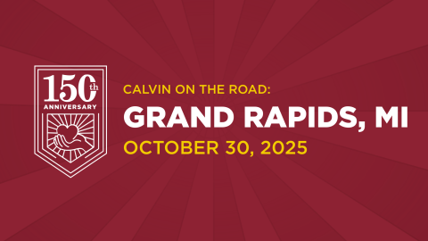 White text on maroon background, inviting Grand Rapids alumni to a 150th event