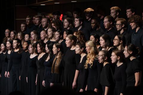 Capella choral ensemble singing on stage.