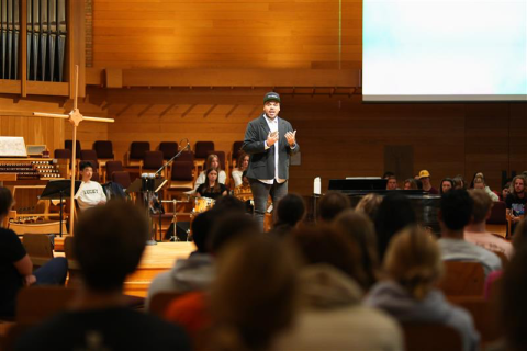 An image of Josh Samarco addressing students