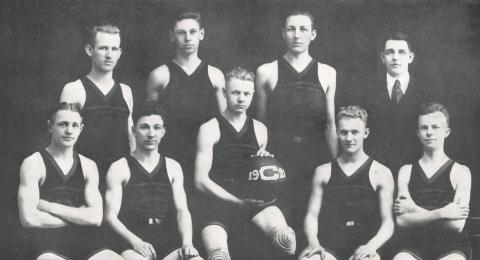 A historical black and white photo of the calvin men's basketball team.