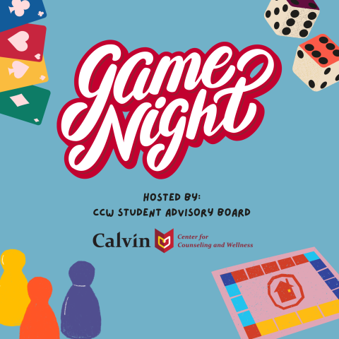 Poster with blue background displaying various game pieces to highlight event hosted by CCW Student Advisory Board