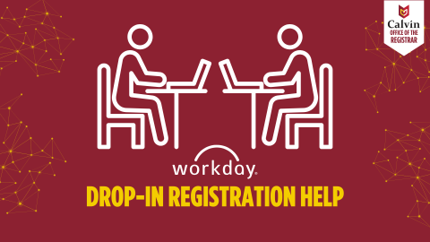 Graphic of two people sitting at a table with laptops, with text that reads "Workday drop-in registration help"
