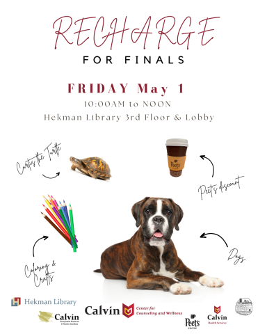 Invitation to RECHARGE event which includes therapy dogs