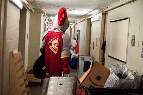 Joust, the Calvin knight mascot, carries suitcases down the dorm hallway on move-in day.