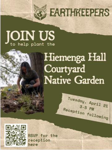 Poster for the Hiemenga Garden Planting party. A young woman is planting some native plants in the soil.