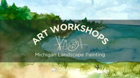 Title over banner and michigan landscape watercolor painting