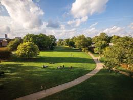 Calvin University south-facing aerial view showing Commons Lawn