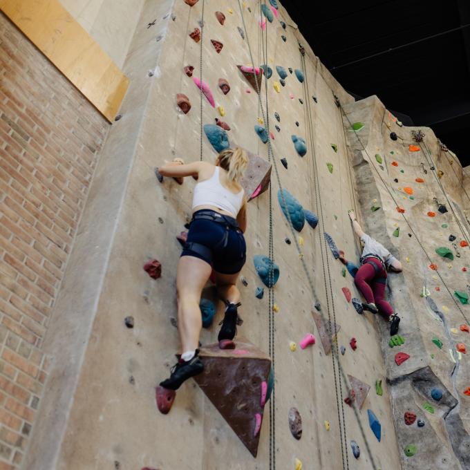 Students on the climbing wall at Calvin University.