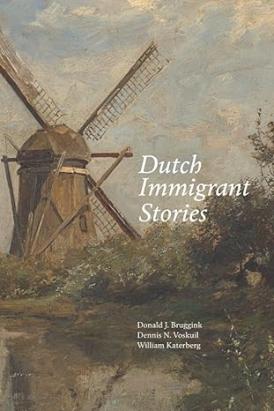 Image of a windmill behind a small pond with the title Dutch Immigrant Stories