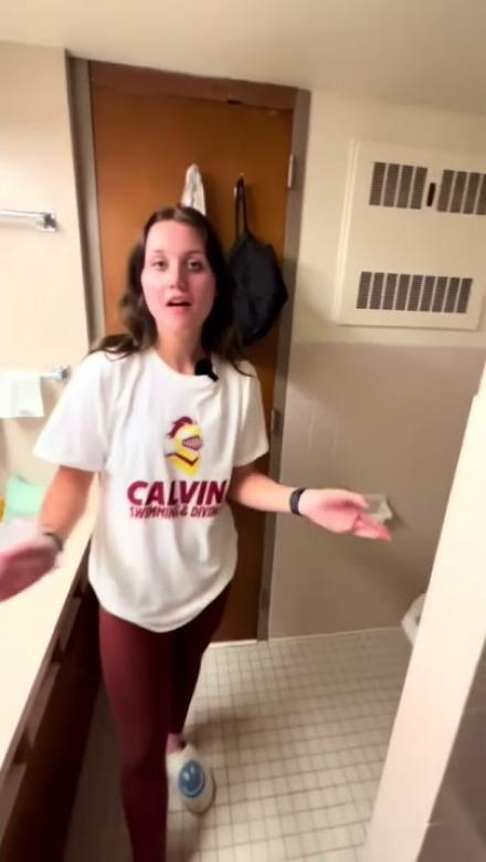 A Calvin student give a tour of the dorm bathroom adjoining both sides of the suite.