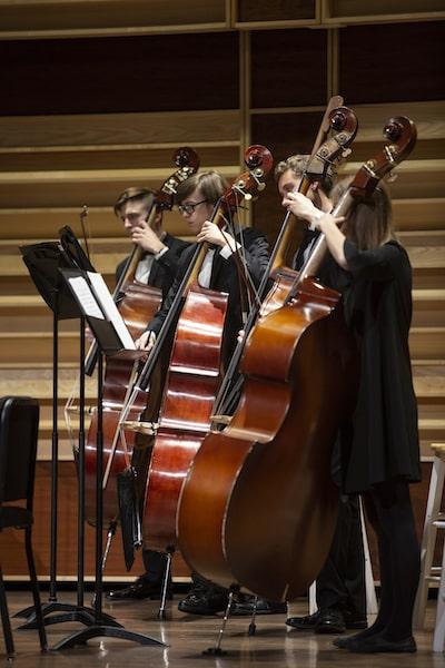 Four bass player stand with their instrument during an orchestra concert.