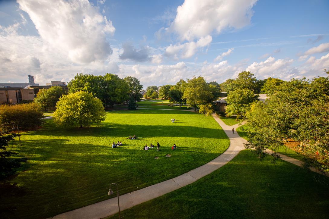 An overhead view of Calvin's Commons Lawn. Small groups of students enjoy the setting sun and simply hanging out.