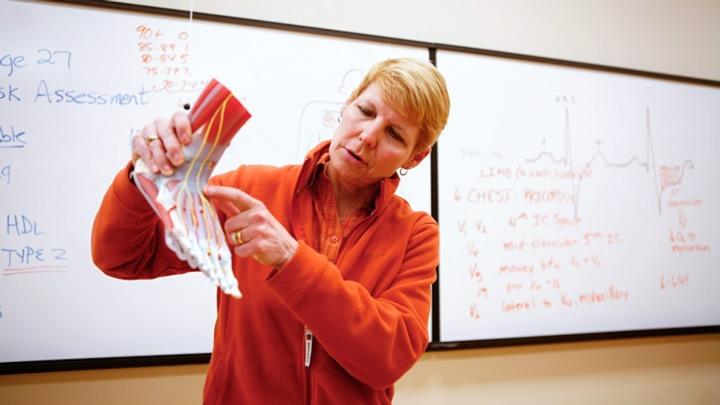 A professor, holding a model of the human foot, describes its anatomy to students..
