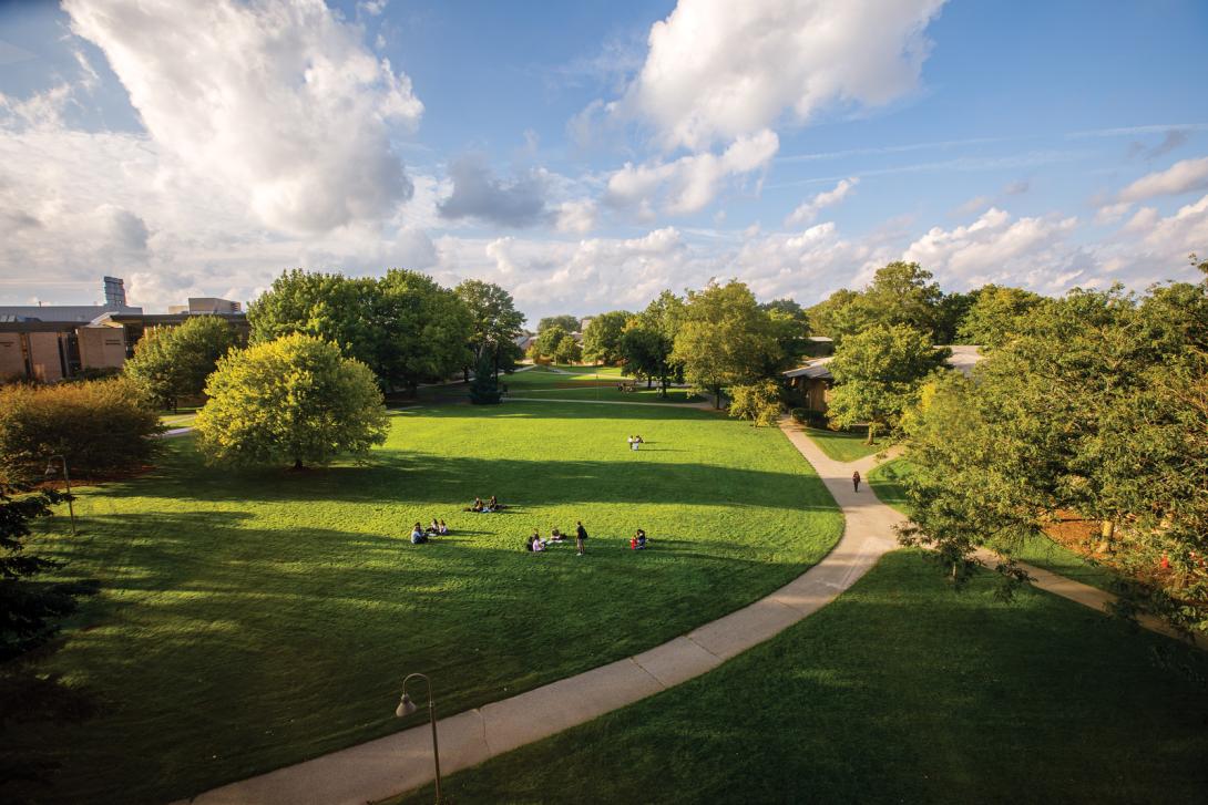 Calvin University south-facing aerial view showing Commons Lawn