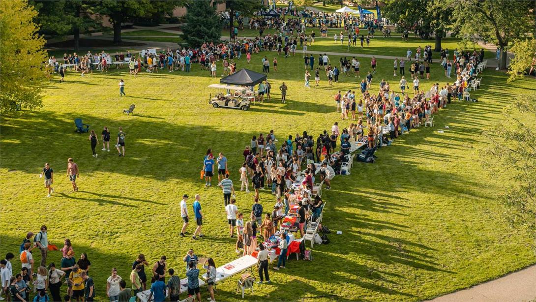An aerial view of Cokes and Clubs taking place across the Commons Lawn.