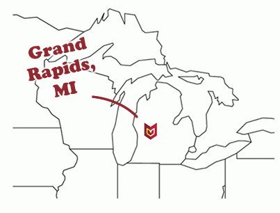 A sketch of the map of the midwest, with the Calvin logo placed on Grand Rapids, Michigan.