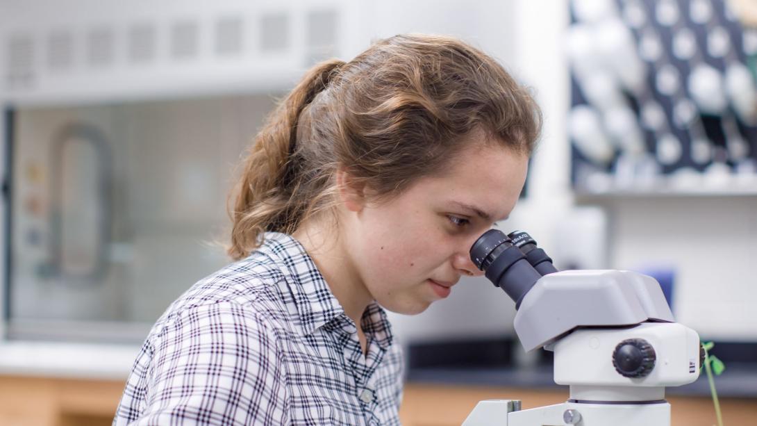 Student using a microscope
