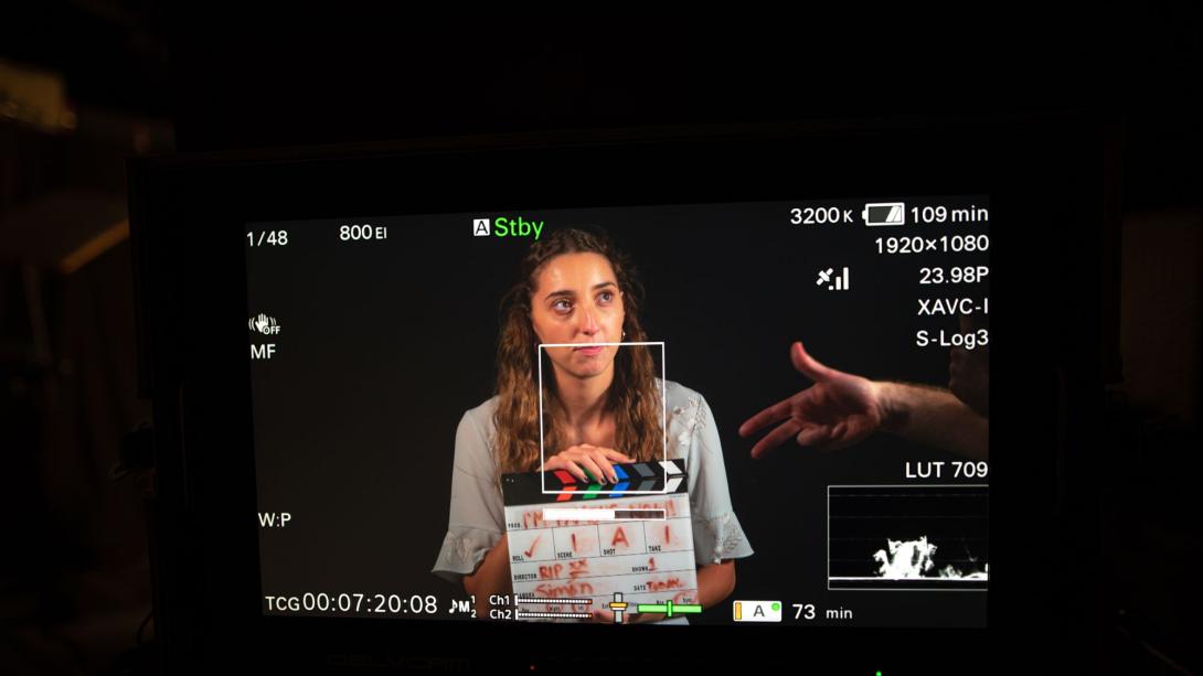 Woman on a film editing screen