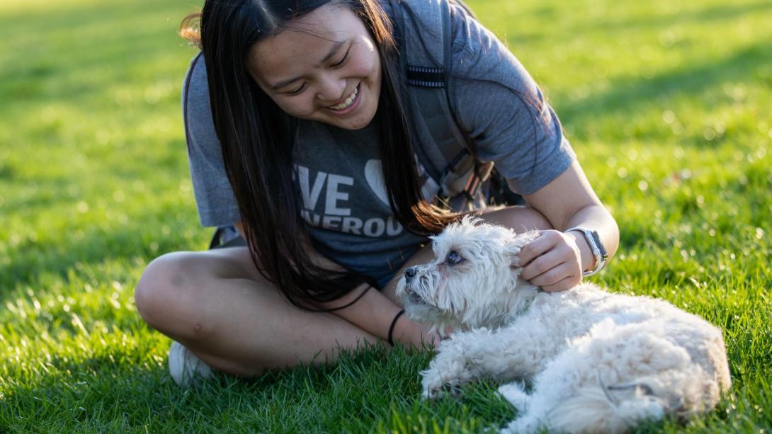 Student petting a dog