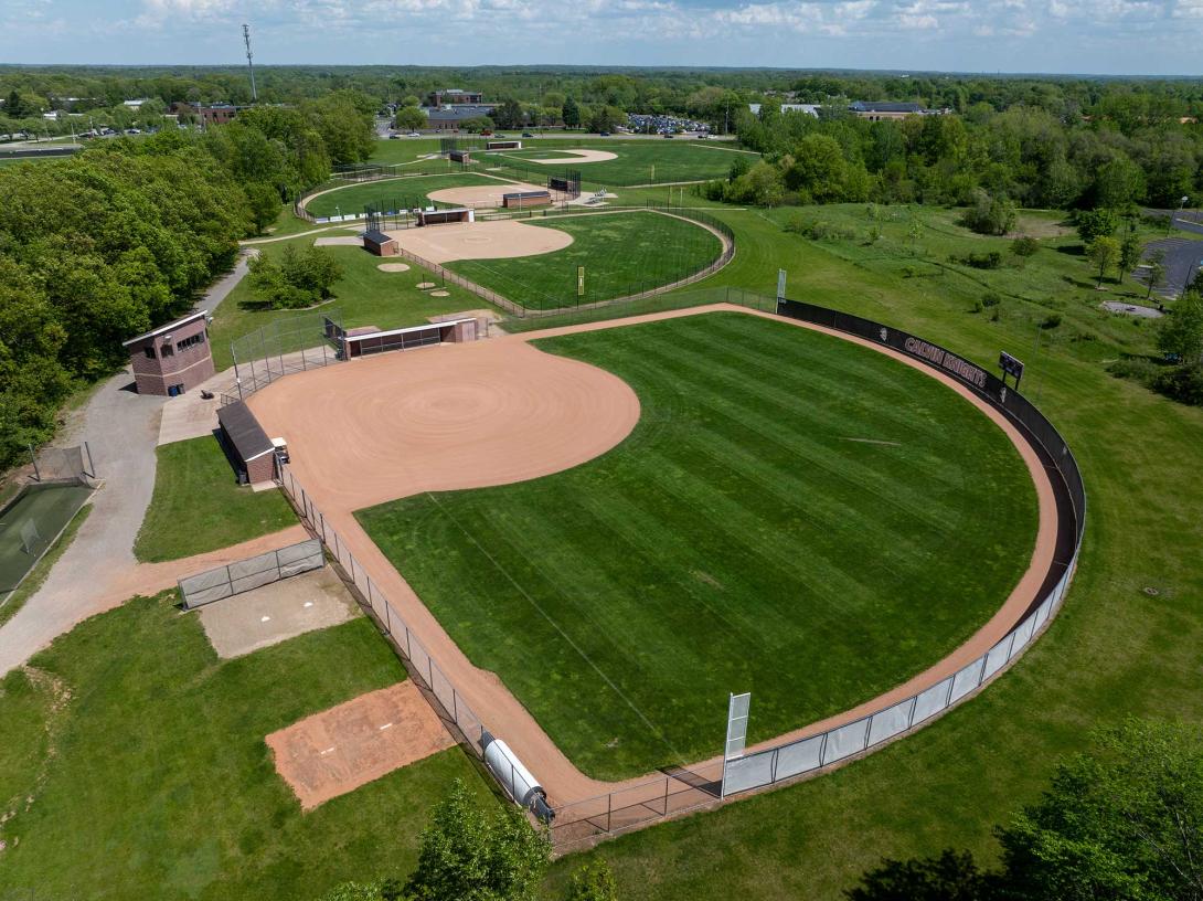 A row of pristine softball and baseball diamonds.