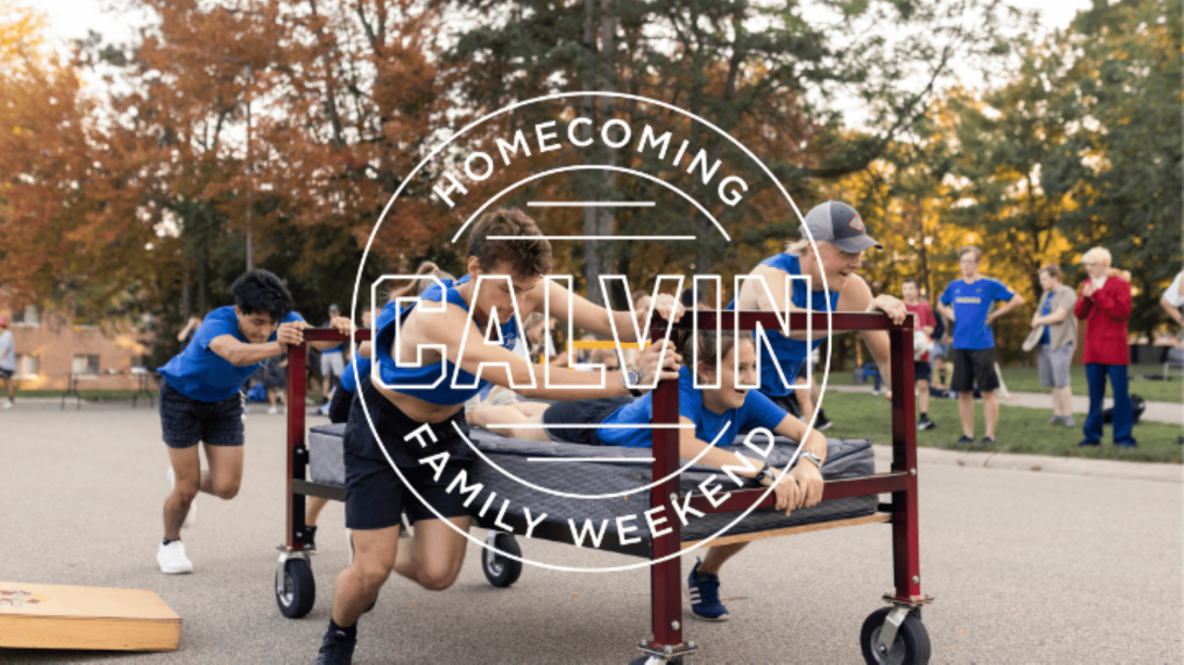 Students participating in Bed Races at Calvin University