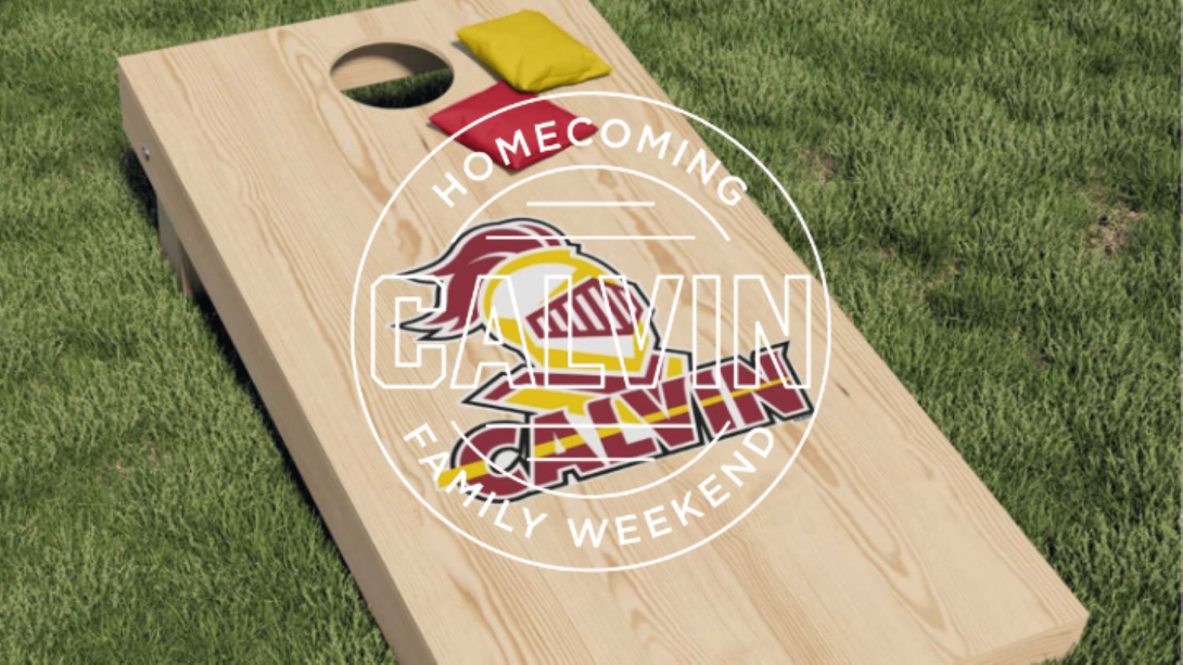 Calvin University branded cornhole board