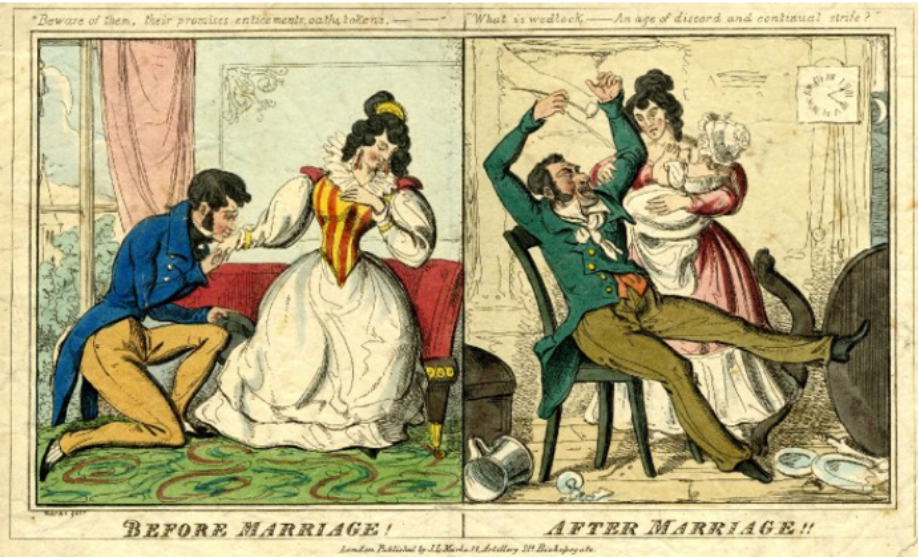 Images of a man and woman "before marriage" and "after marriage"