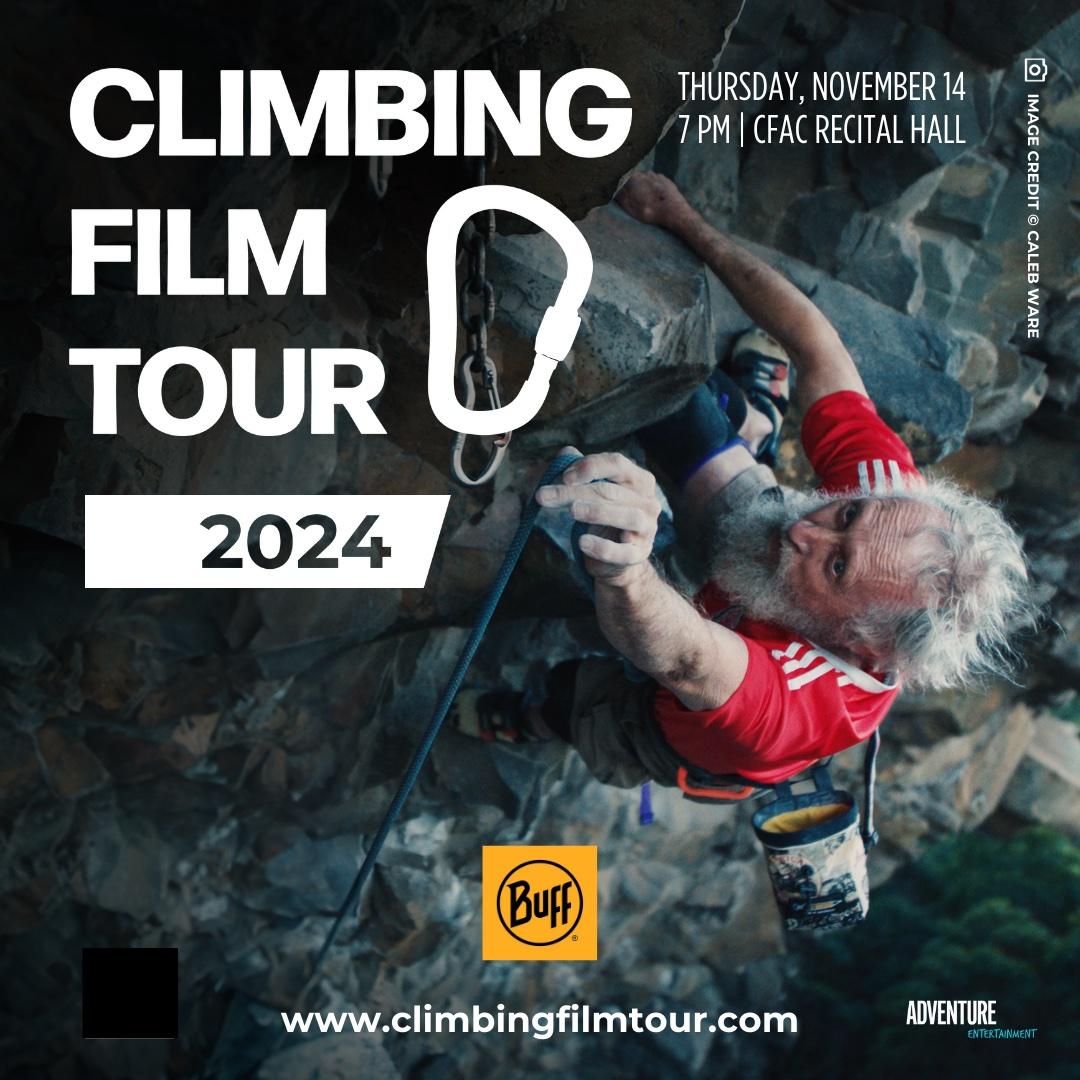 The Climbing Film Tour poster, with a man climbing a rock cliff.