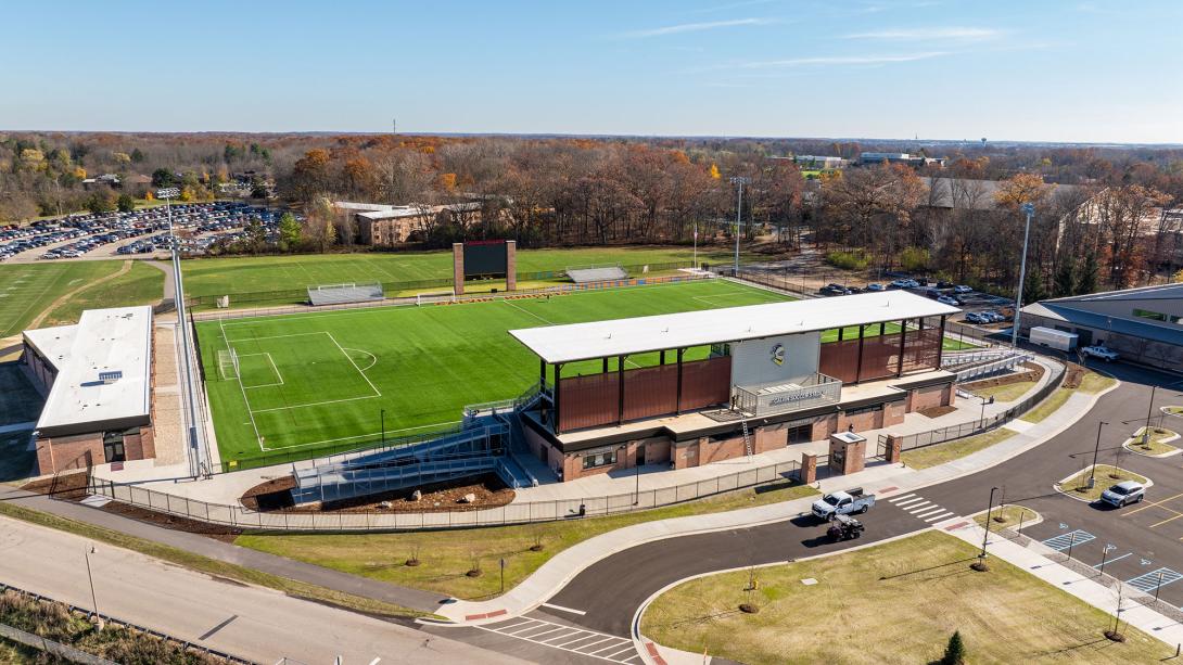 A bird's eye view of Calvin's completed soccer stadium (November 2024)