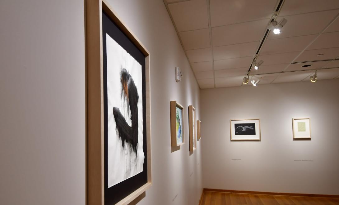 Frames on a wall, depicting multiple figure drawings