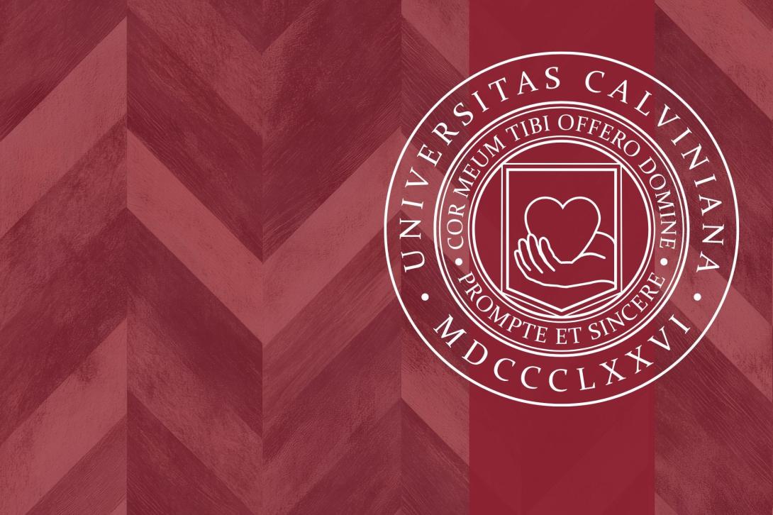 The Calvin University latin seal with the heart and hand design overlays a maroon chevron pattern.