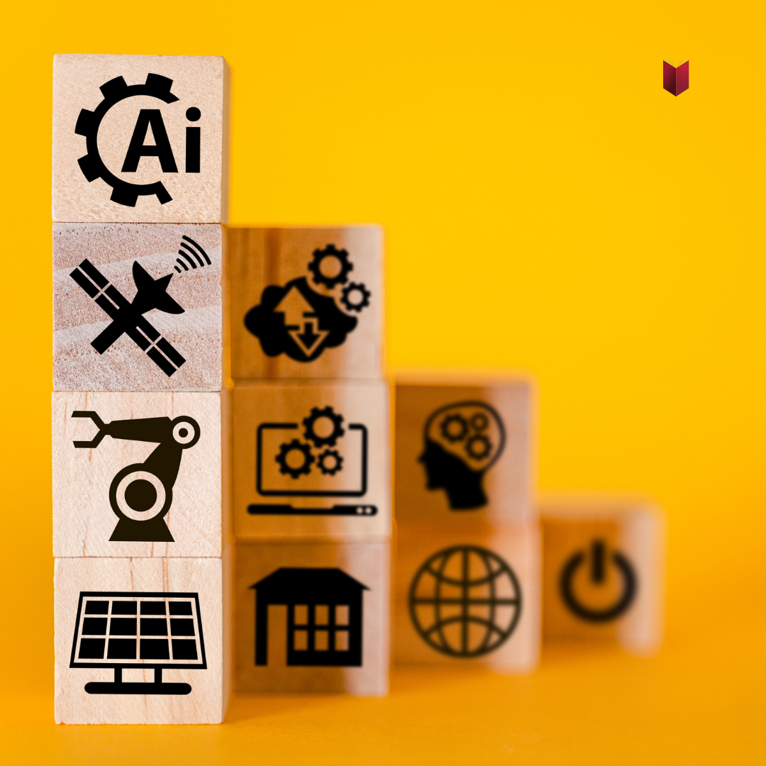 Building blocks featuring AI and technology icons - library logo in the corner