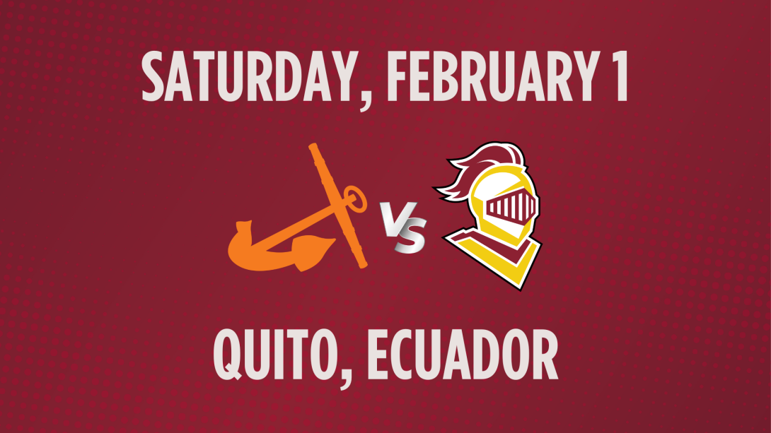 Silver text on maroon background, reading Quito, Ecuador for the Calvin vs. Hope Rivalry game on Saturday, February 1