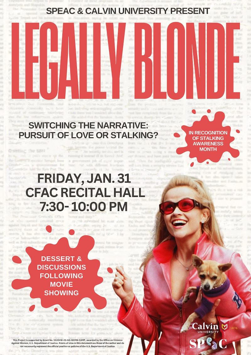 A movie night poster with the main character of Legally Blonde, dressed in pink and holding a small dog.