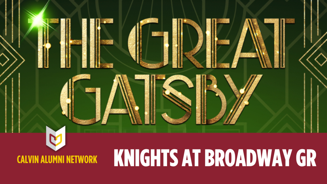 Graphic of The Great Gatsby musical, gold text on green background