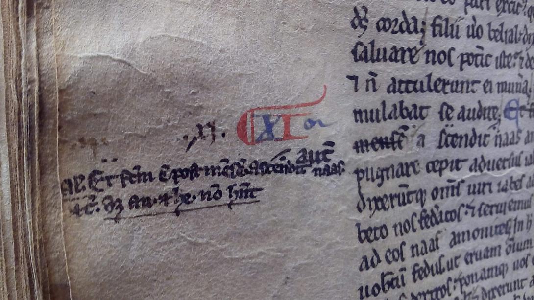 Image of an antiquated page with lines of script in Latin