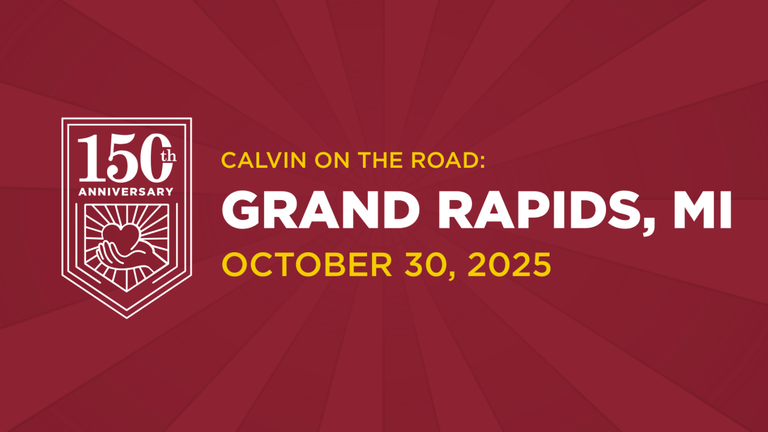 White text on maroon background, inviting Grand Rapids alumni to a 150th event