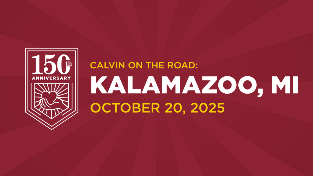 White text on maroon background, inviting Kalamazoo alumni to a 150th event